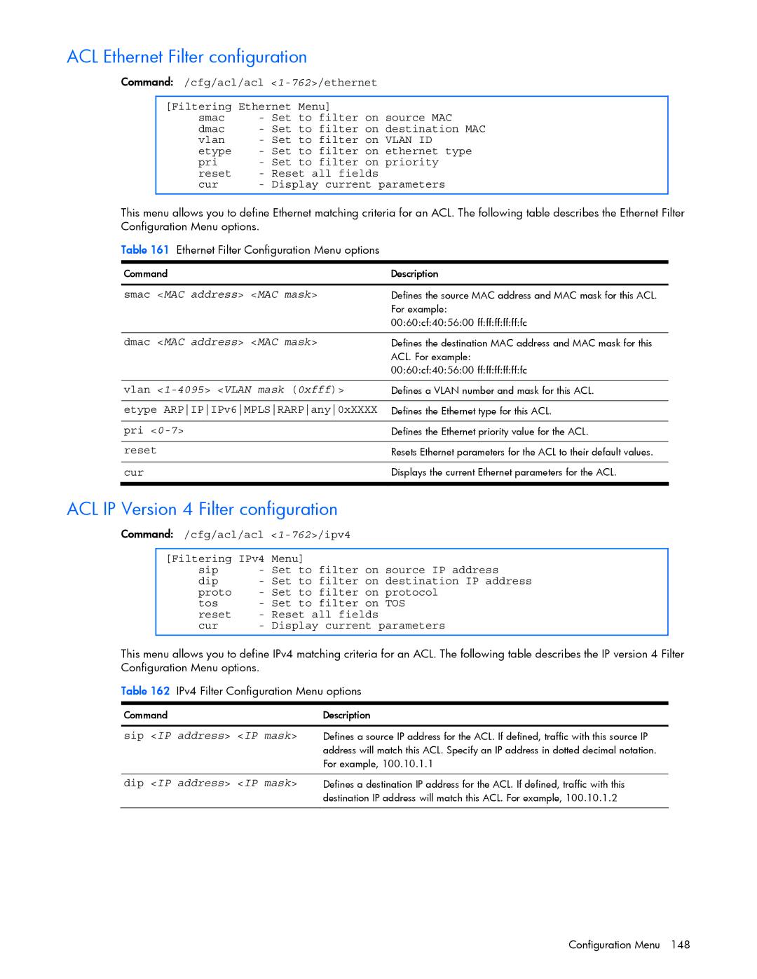 HP xw460c Blade manual ACL Ethernet Filter configuration, ACL IP Version 4 Filter configuration 