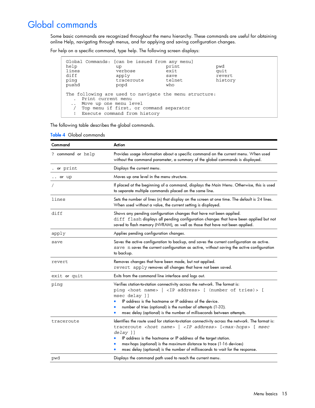 HP xw460c Blade manual Global commands, Traceroute host name IP address max-hops msec, Delay 