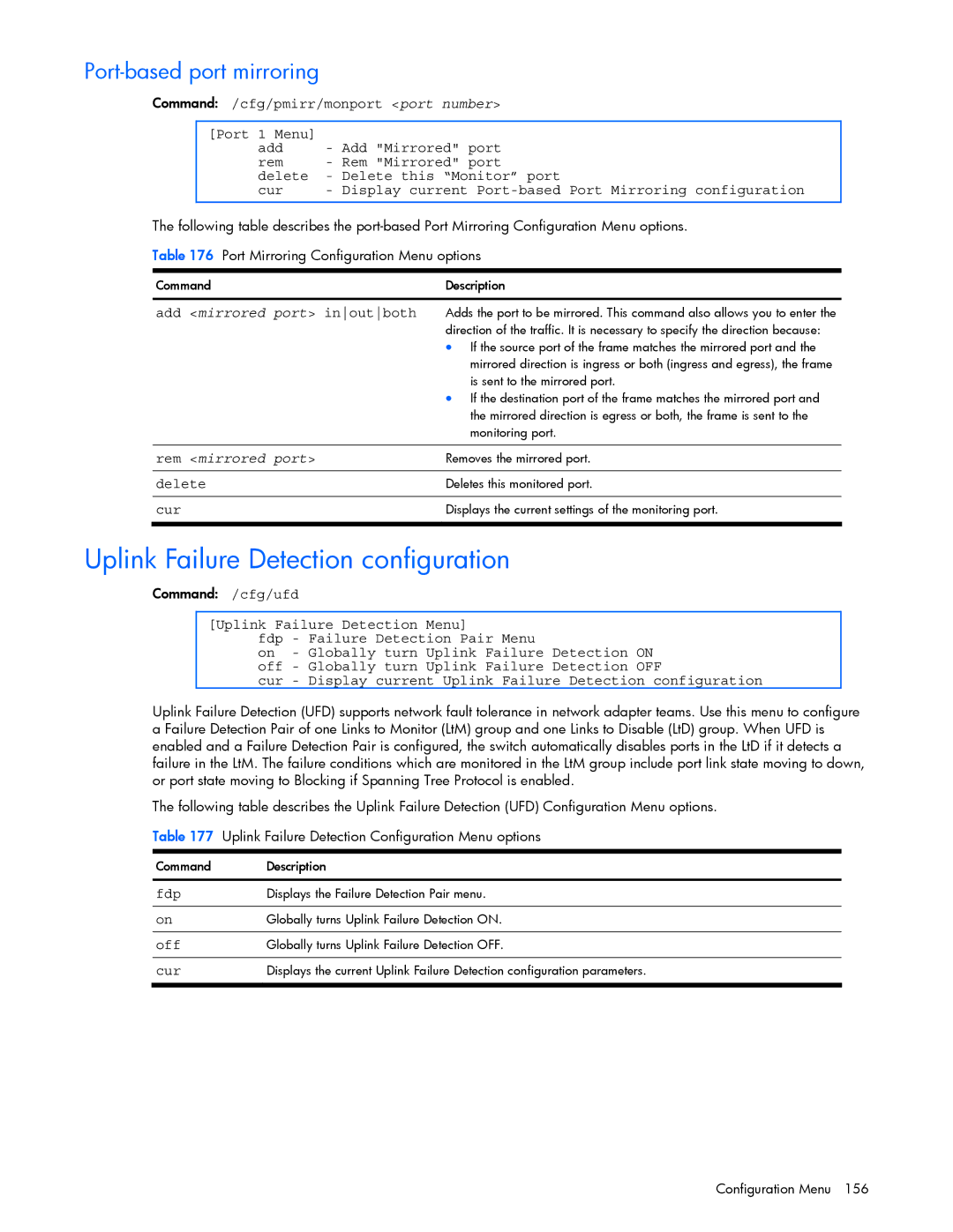 HP xw460c manual Uplink Failure Detection configuration, Port-based port mirroring, Add mirrored port inoutboth, Fdp 