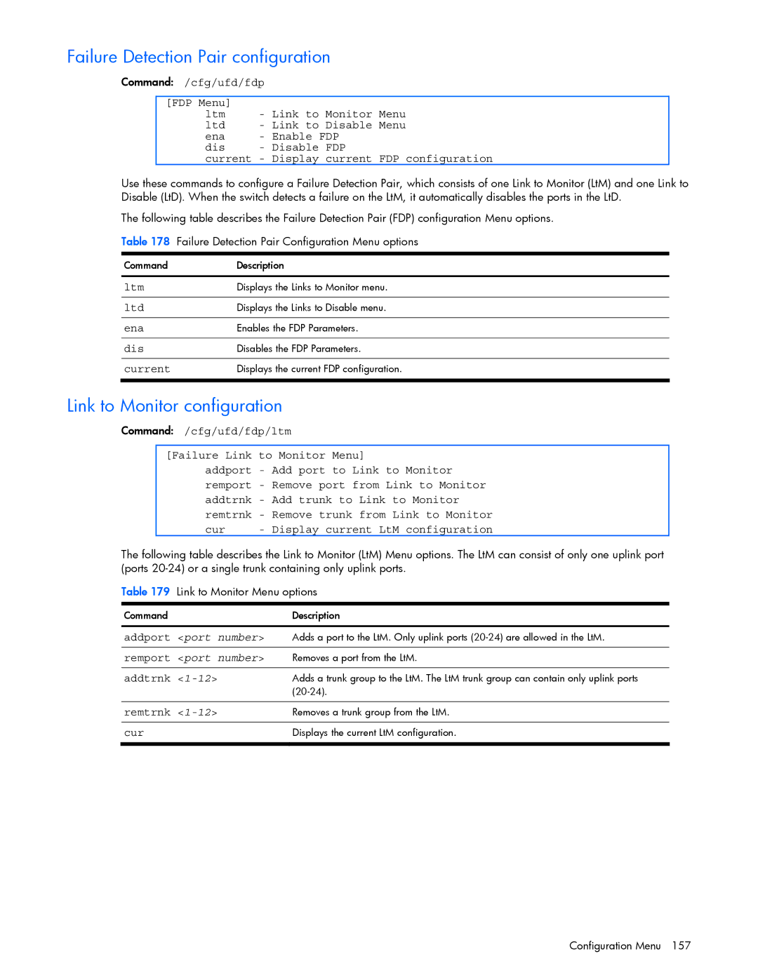 HP xw460c Blade manual Failure Detection Pair configuration, Link to Monitor configuration, Addport port number 