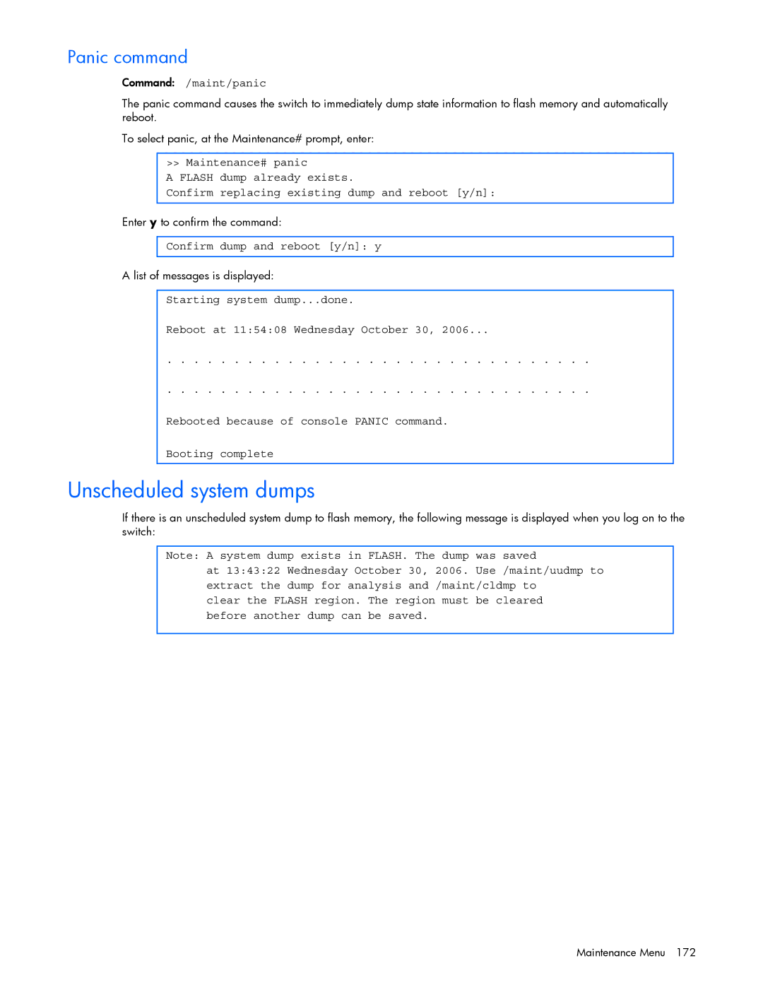 HP xw460c Blade manual Unscheduled system dumps, Panic command, Command /maint/panic, Confirm dump and reboot y/n y 