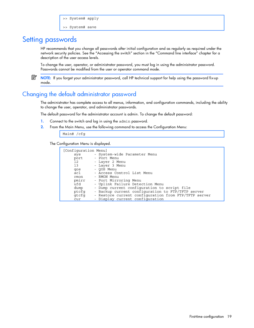 HP xw460c Blade manual Setting passwords, Changing the default administrator password, System# apply System# save 