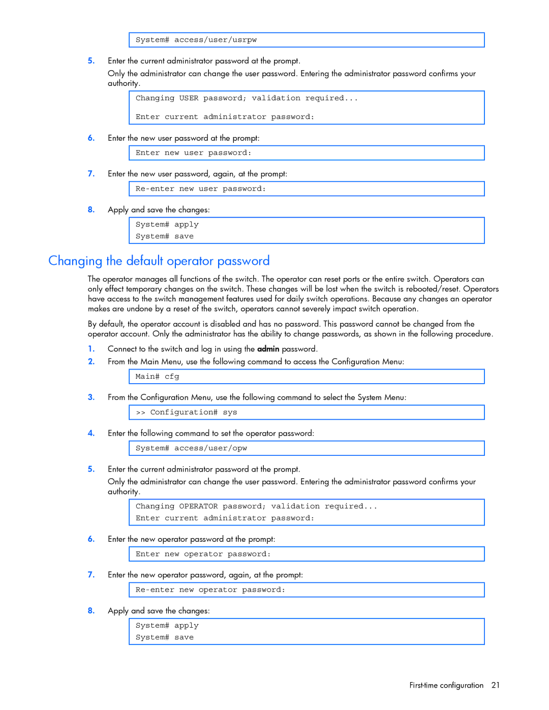 HP xw460c Blade manual Changing the default operator password 