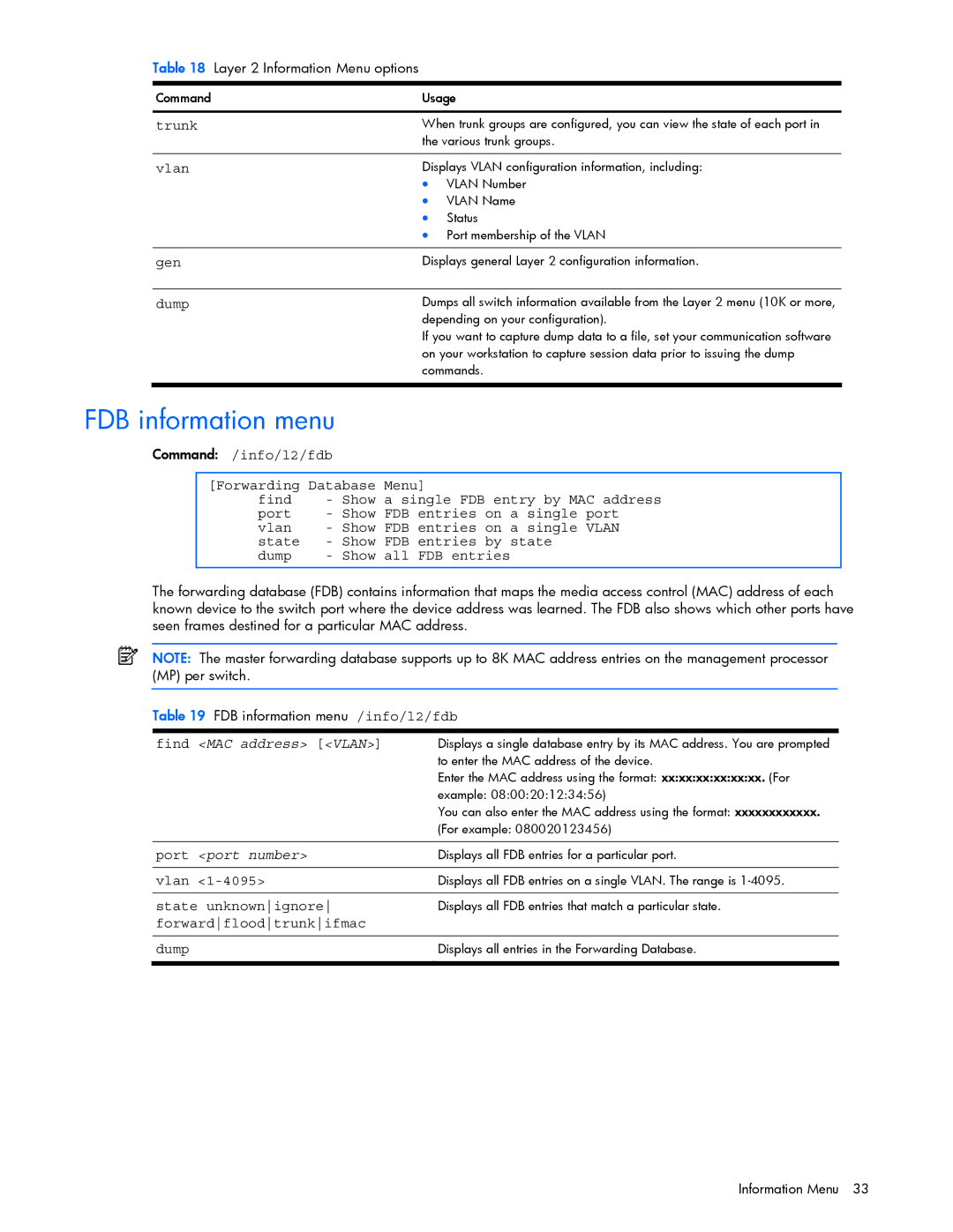 HP xw460c Blade manual FDB information menu, Find MAC address Vlan, Port port number 