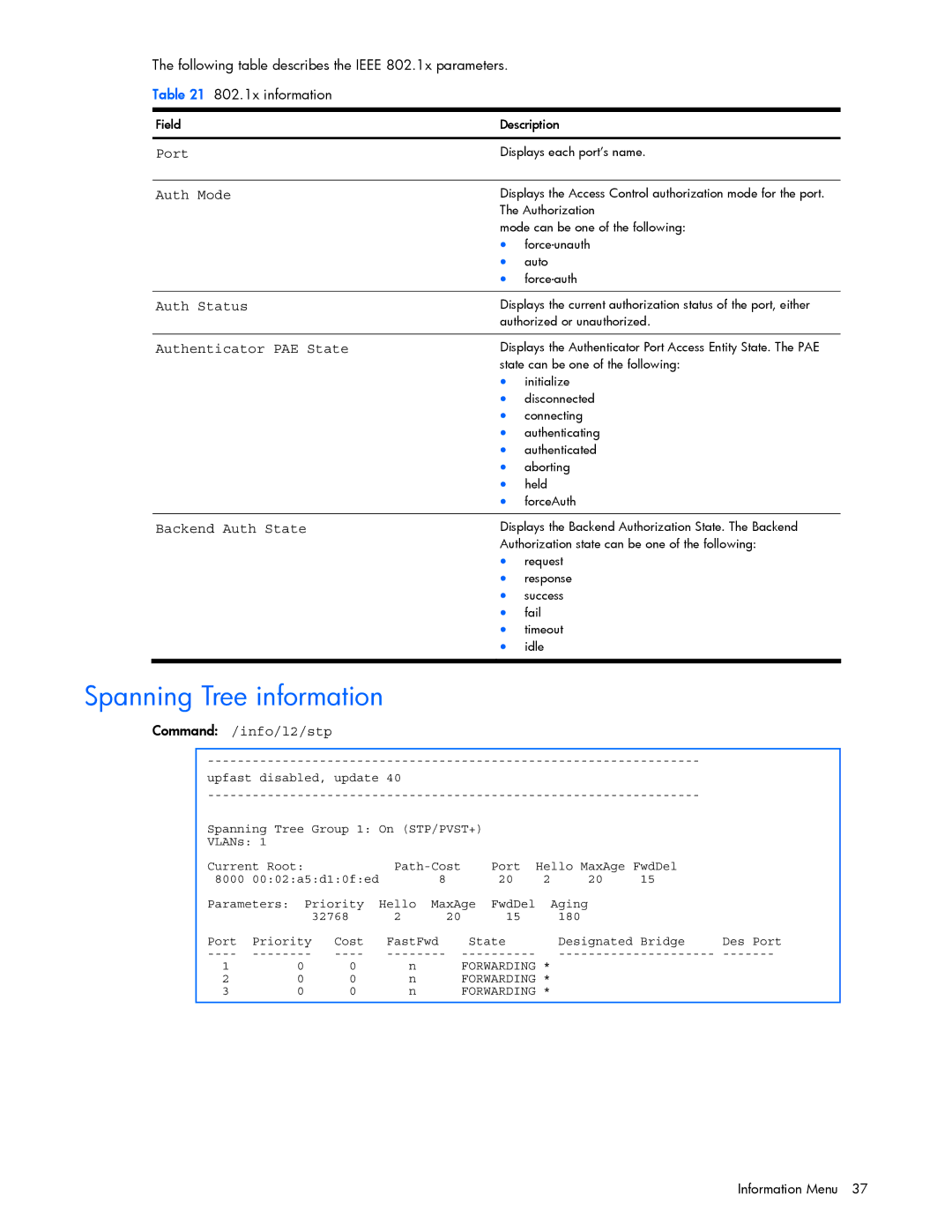 HP xw460c Blade manual Spanning Tree information, Port Auth Mode, Authenticator PAE State, Backend Auth State 