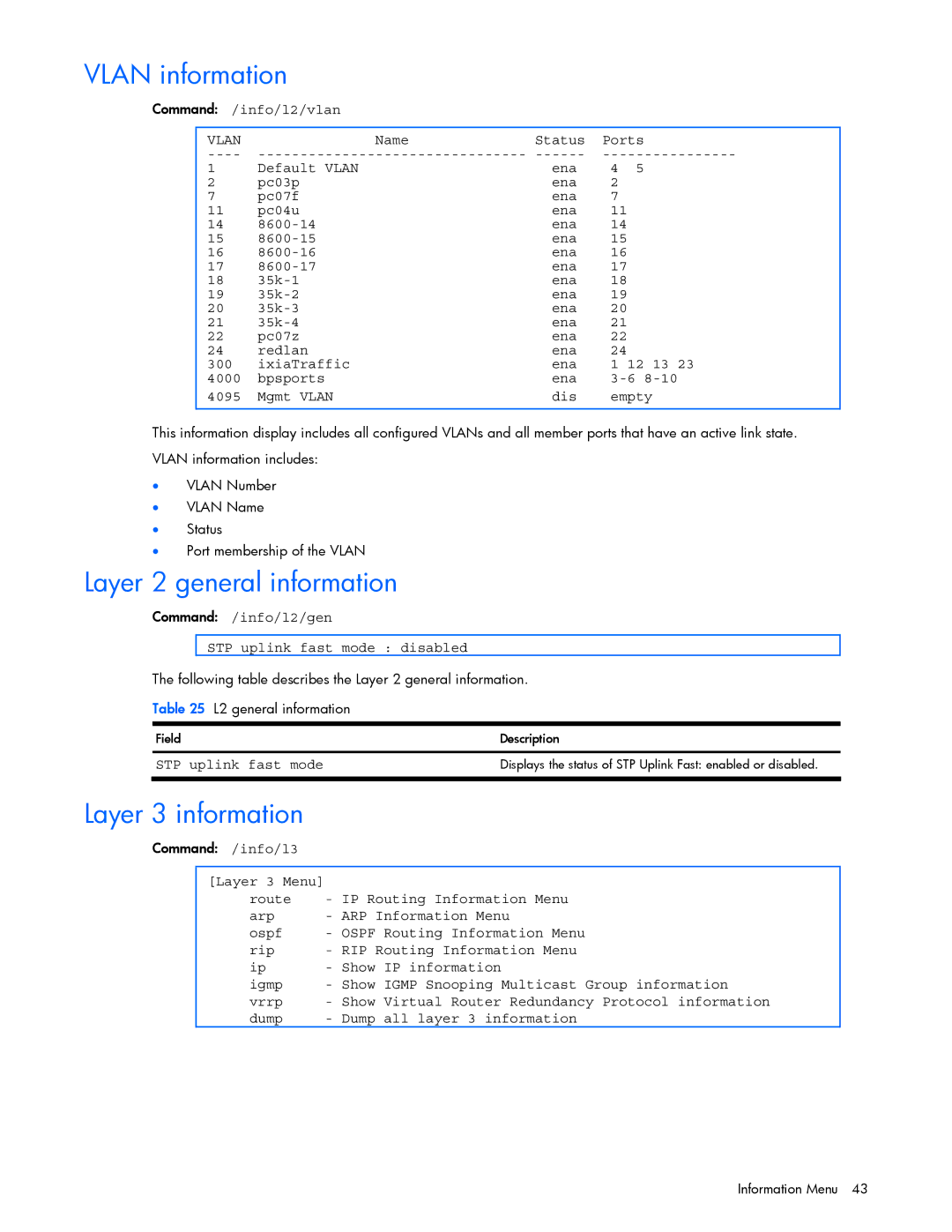 HP xw460c Blade manual Vlan information, Layer 2 general information, Layer 3 information 