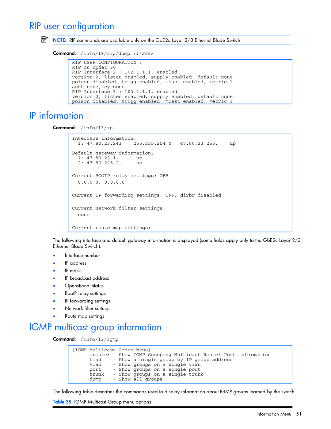 HP xw460c Blade manual RIP user configuration, IP information, Igmp multicast group information 