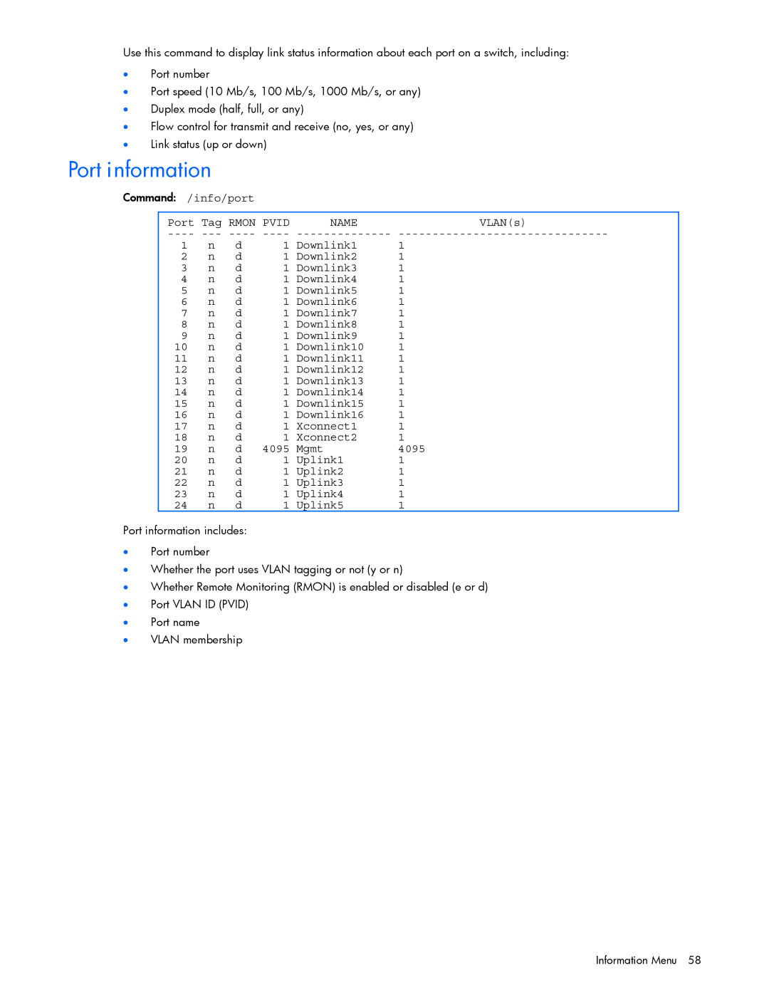 HP xw460c Blade manual Port information, Command /info/port Port Tag Rmon Pvid, VLANs 