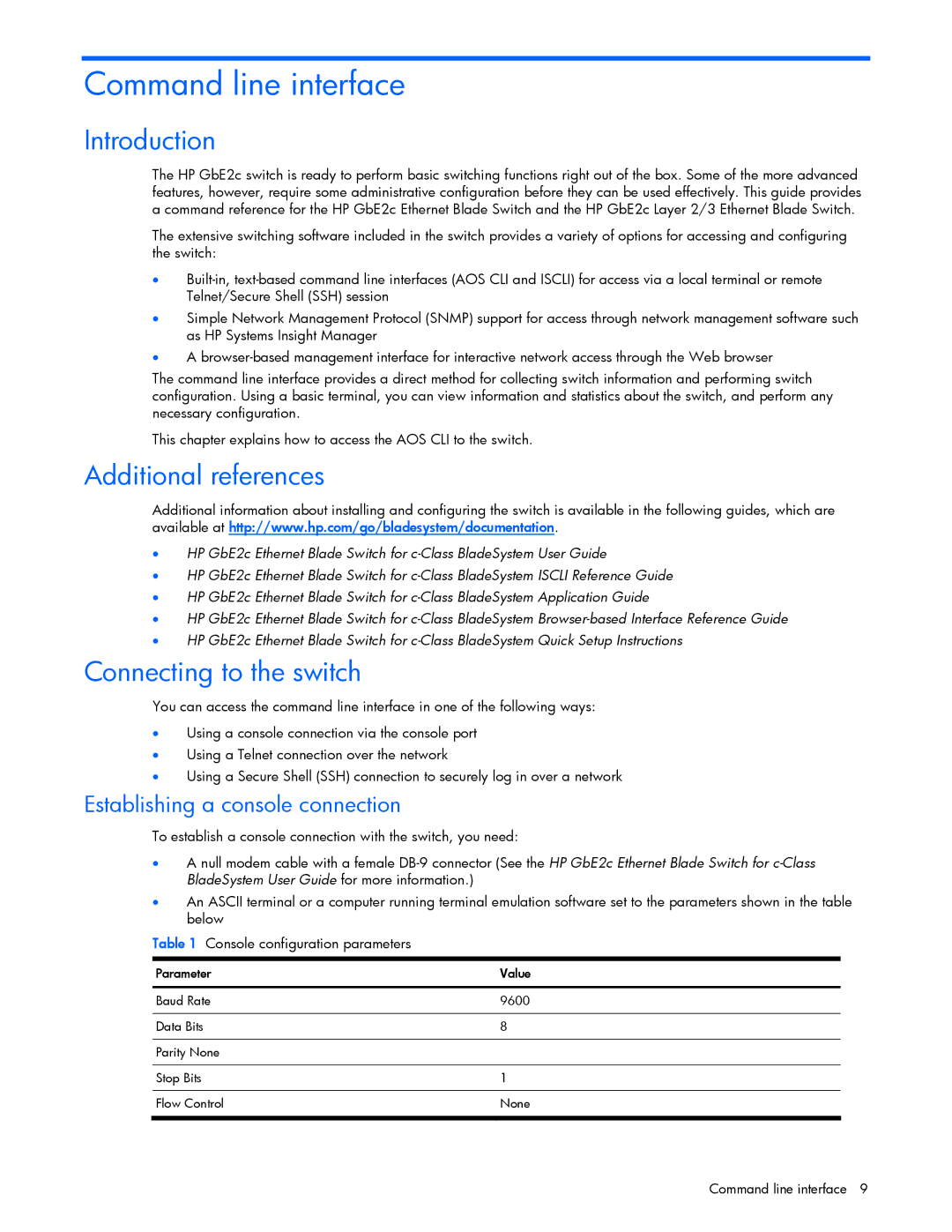 HP xw460c Blade manual Introduction, Additional references, Connecting to the switch, Establishing a console connection 