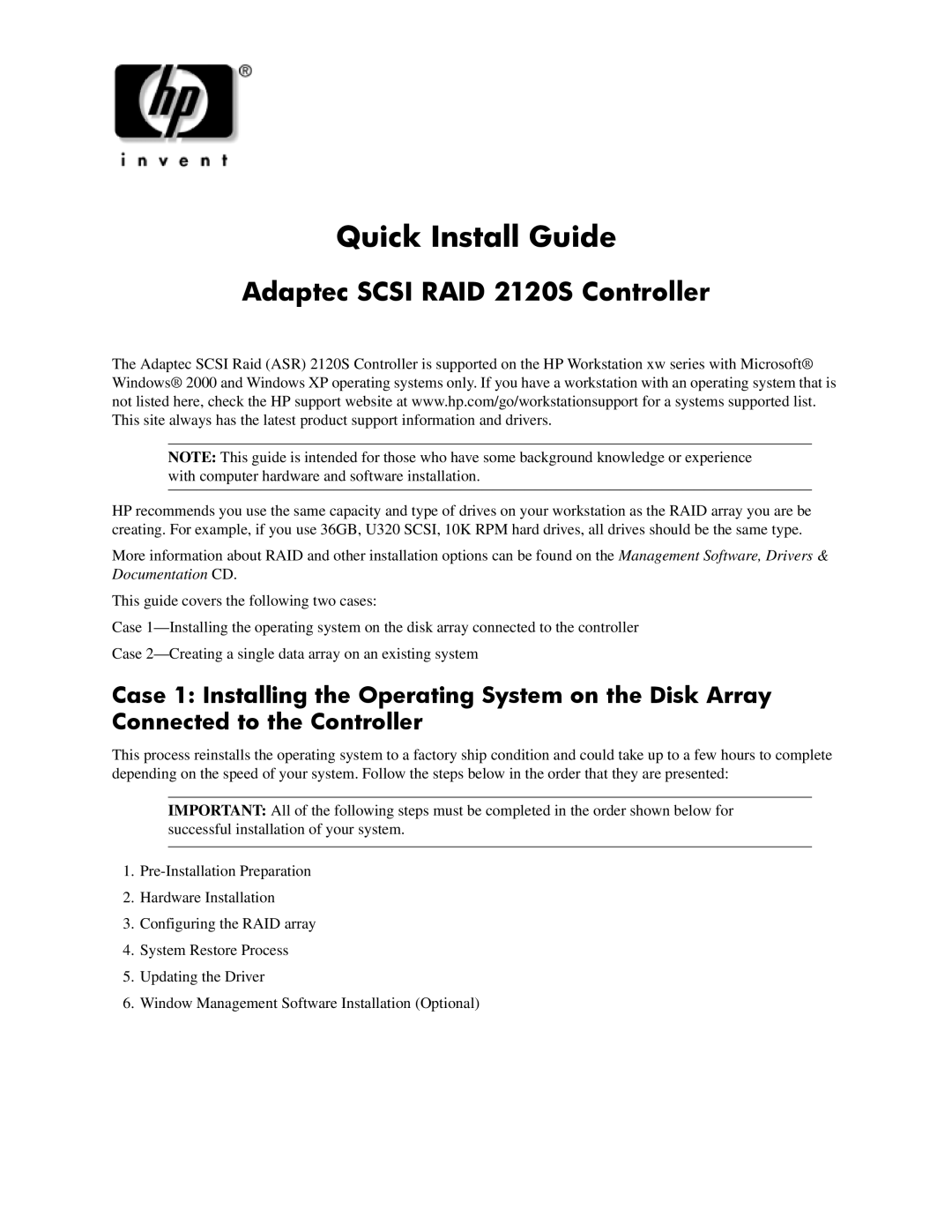 HP xw5000 manual Quick Install Guide 