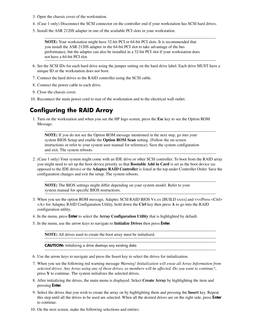 HP xw5000 manual Configuring the RAID Array 