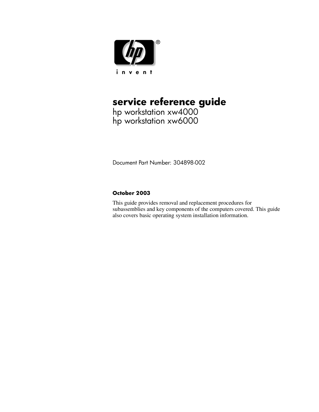 HP xw6000 manual Service reference guide, October 