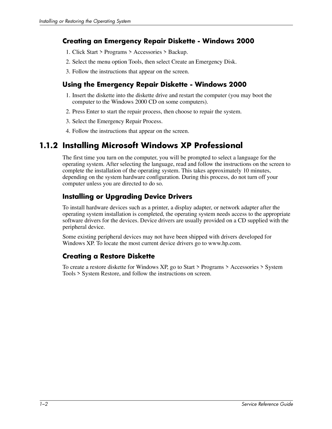 HP xw6000 manual Installing Microsoft Windows XP Professional, Creating an Emergency Repair Diskette Windows 