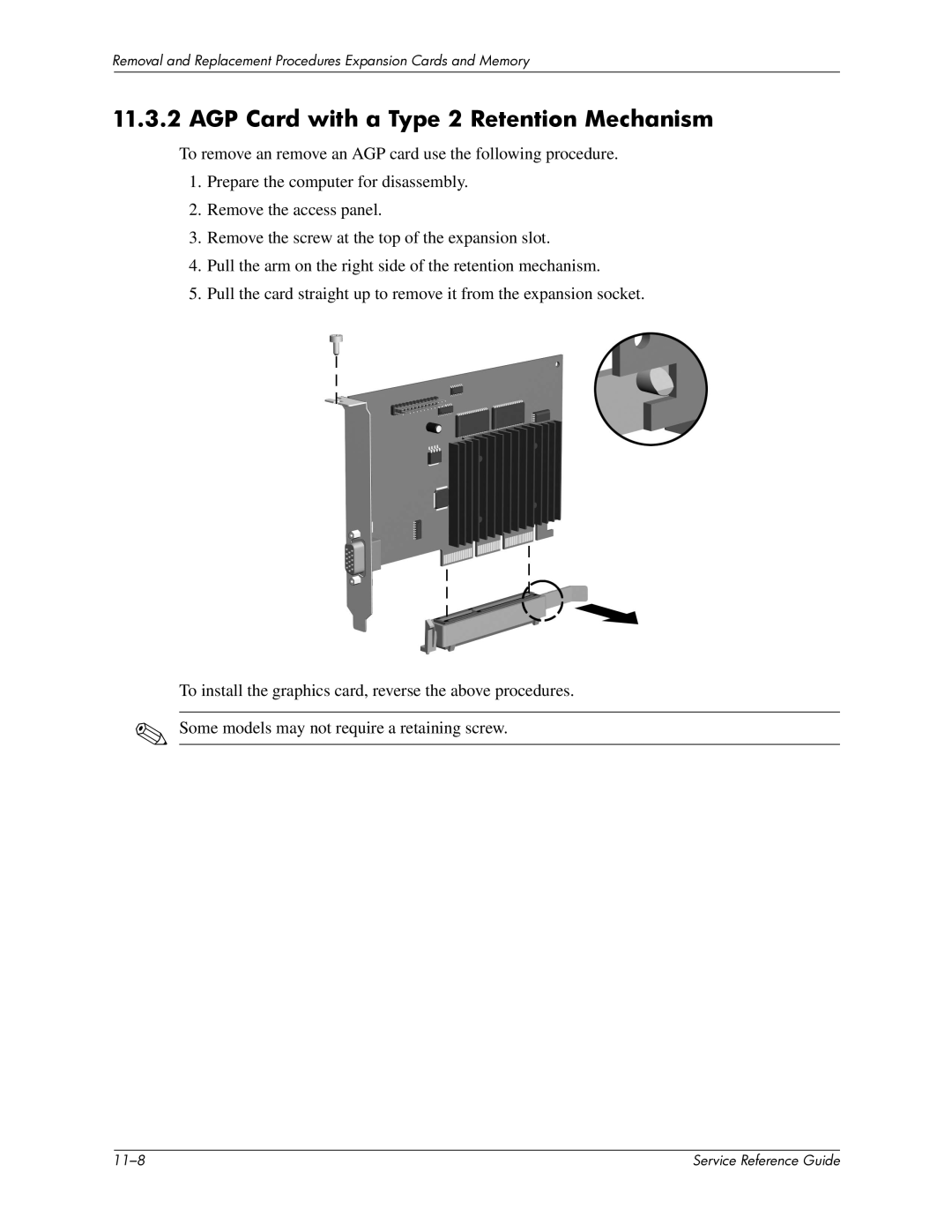 HP xw6000 manual AGP Card with a Type 2 Retention Mechanism 