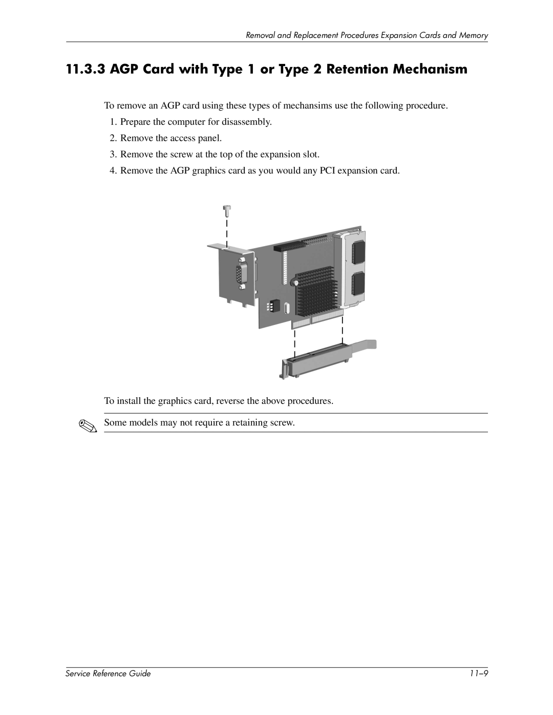 HP xw6000 manual AGP Card with Type 1 or Type 2 Retention Mechanism 