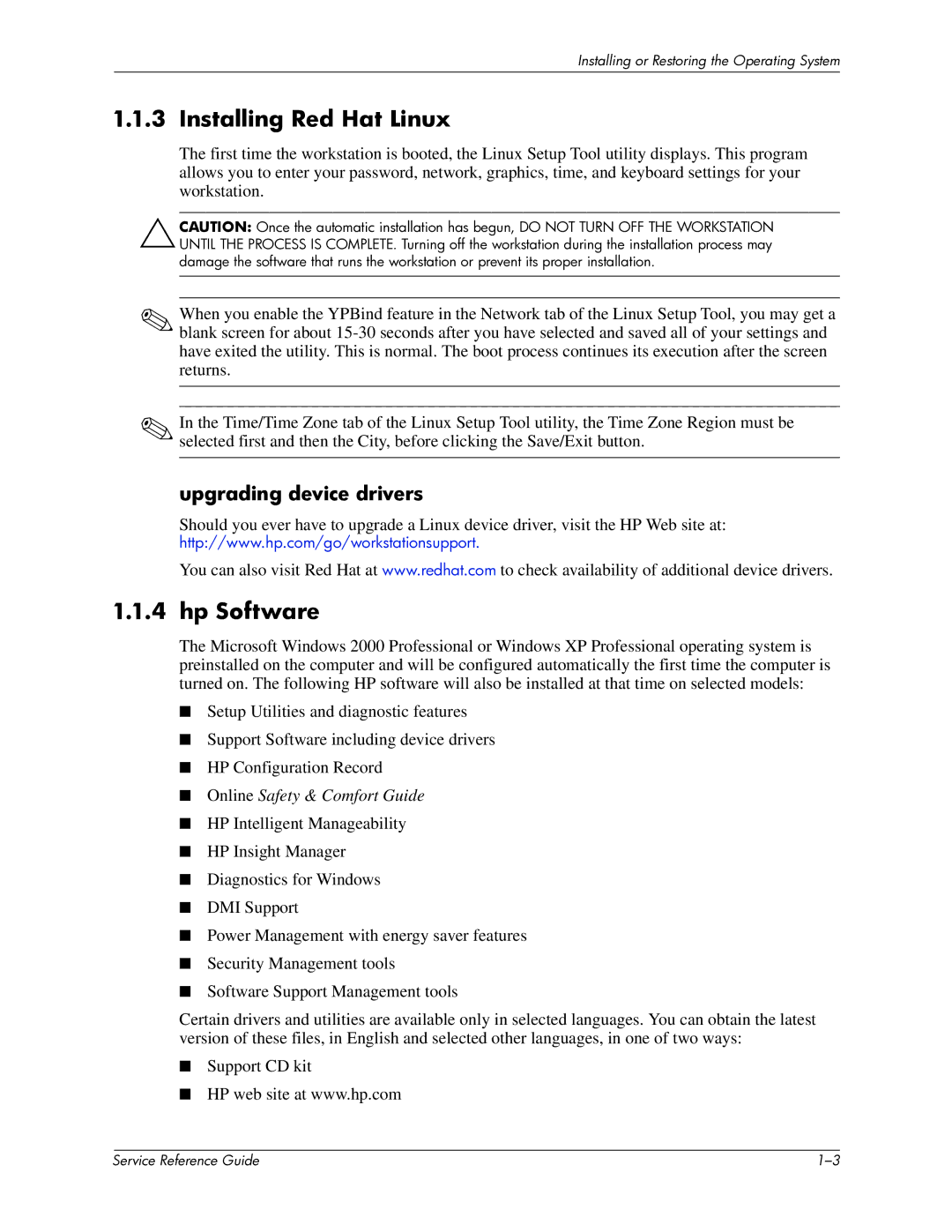 HP xw6000 manual Installing Red Hat Linux, Hp Software, Upgrading device drivers 