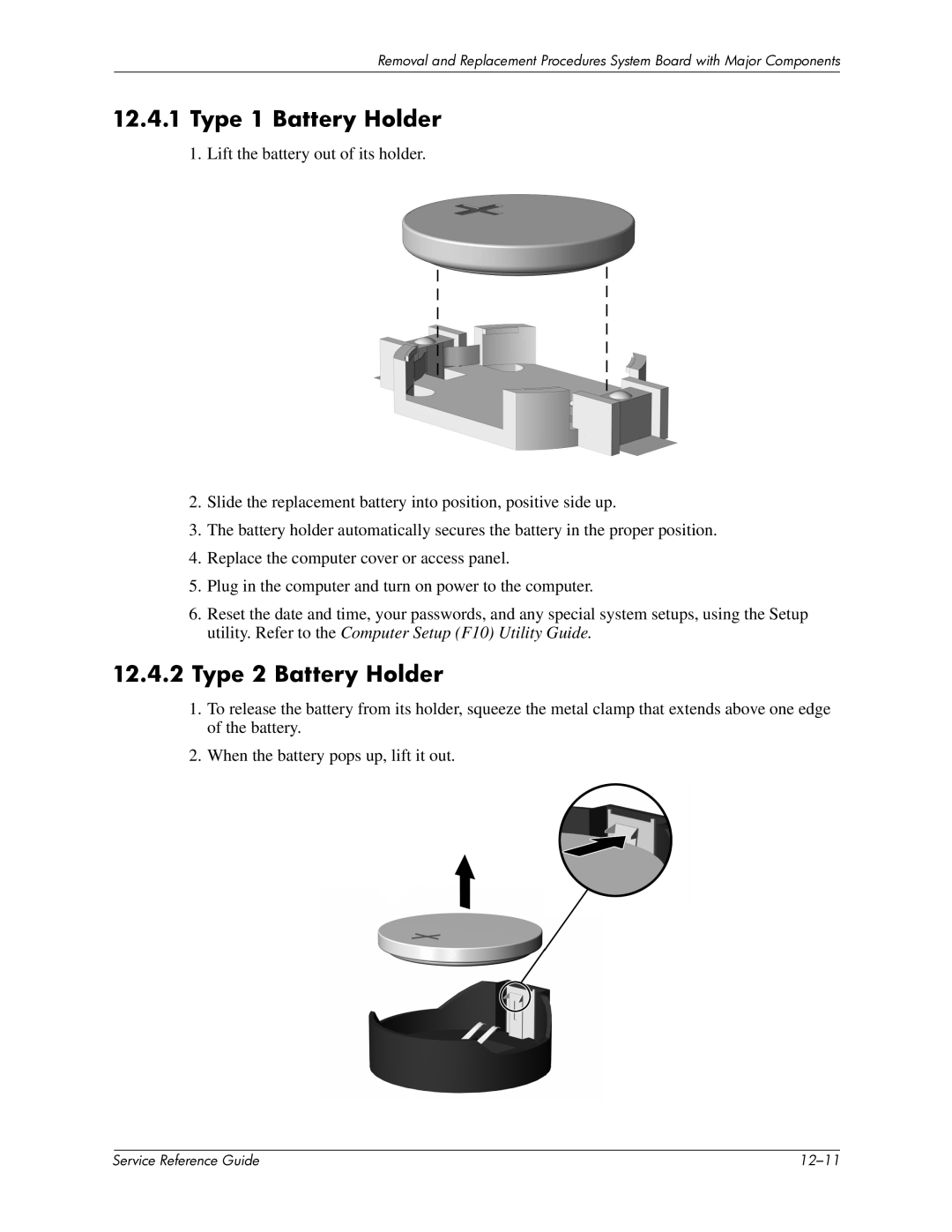 HP xw6000 manual Type 1 Battery Holder, Type 2 Battery Holder 