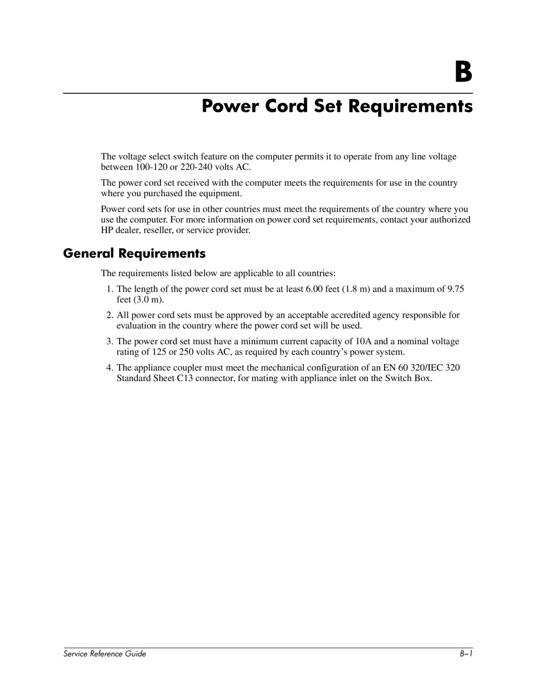 HP xw6000 manual Power Cord Set Requirements, General Requirements 