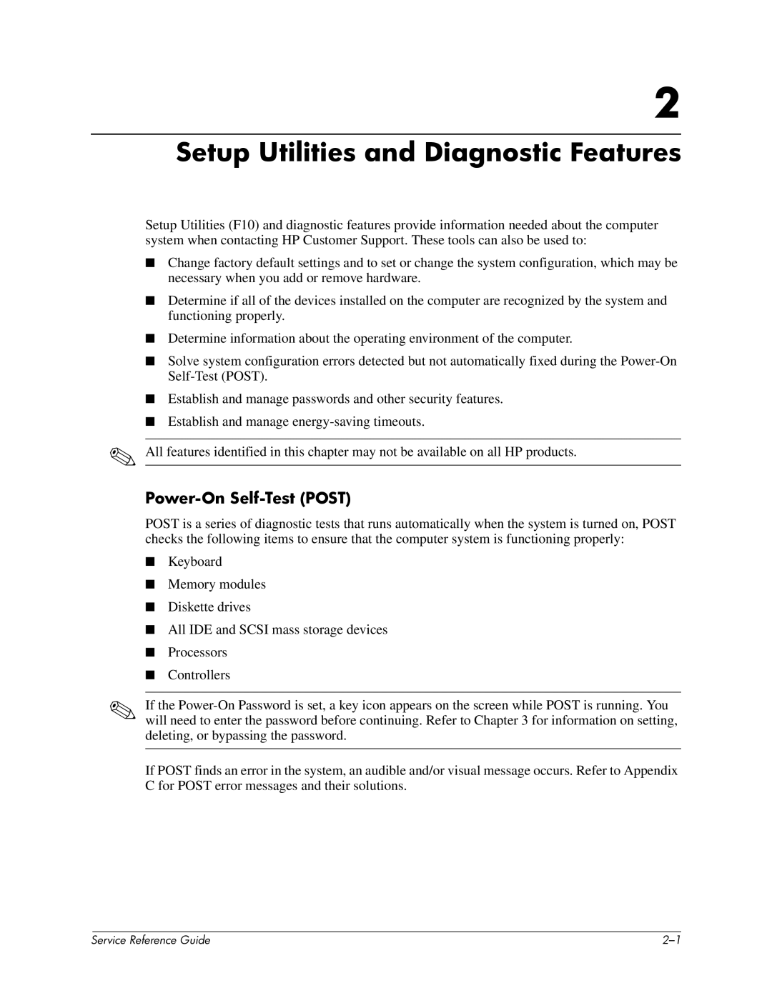 HP xw6000 manual Setup Utilities and Diagnostic Features, Power-On Self-Test Post 