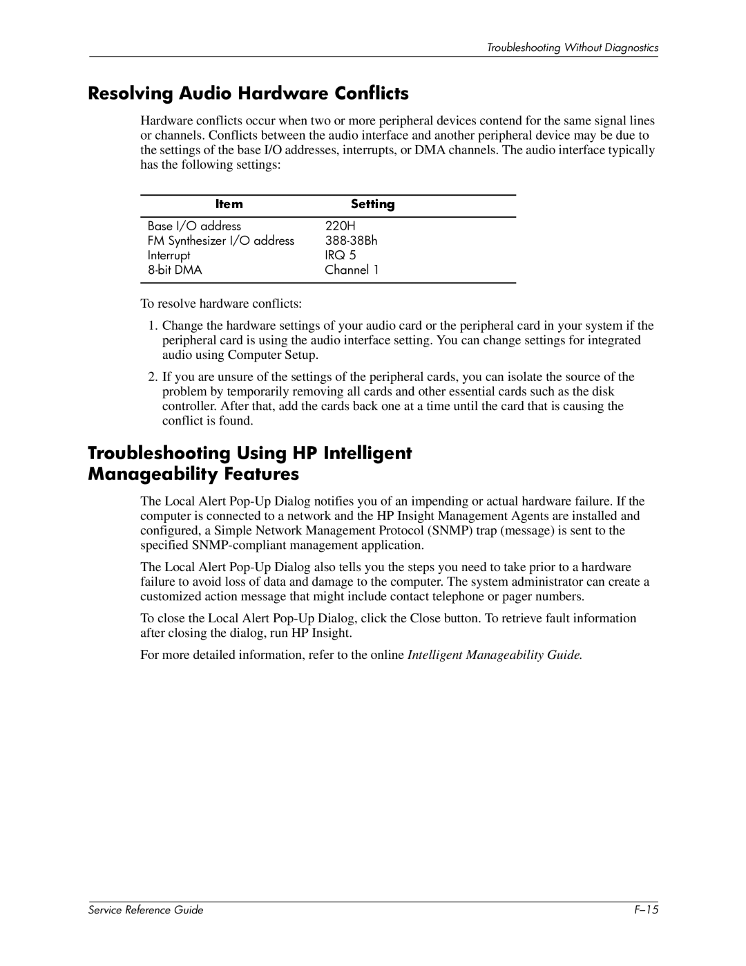 HP xw6000 manual Resolving Audio Hardware Conflicts, Troubleshooting Using HP Intelligent Manageability Features 