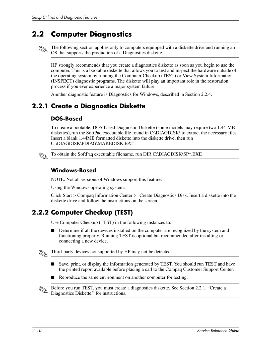 HP xw6000 manual Computer Diagnostics, Create a Diagnostics Diskette, Computer Checkup Test, DOS-Based, Windows-Based 