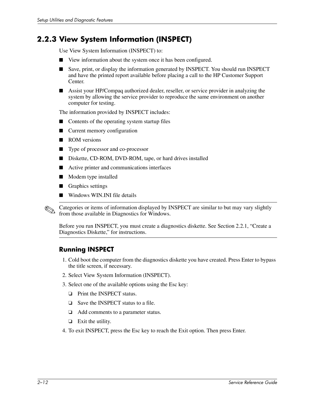 HP xw6000 manual View System Information Inspect, Running Inspect 