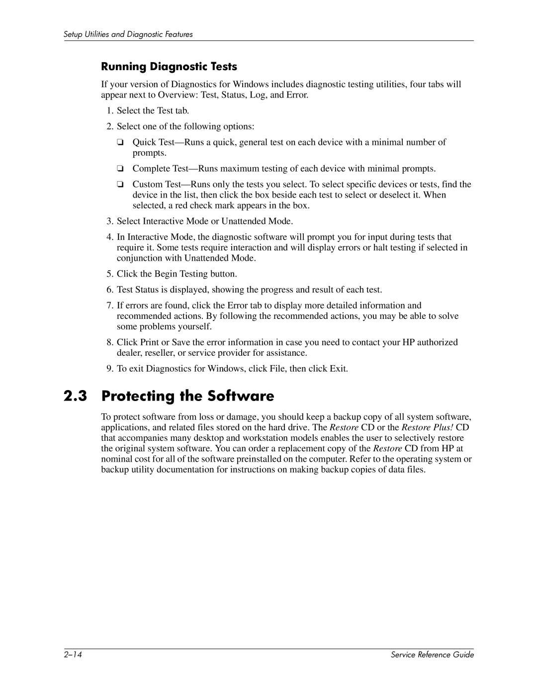 HP xw6000 manual Protecting the Software, Running Diagnostic Tests 