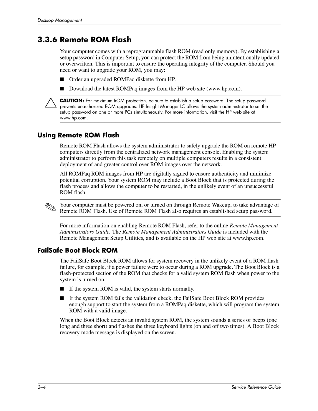 HP xw6000 manual Using Remote ROM Flash, FailSafe Boot Block ROM 