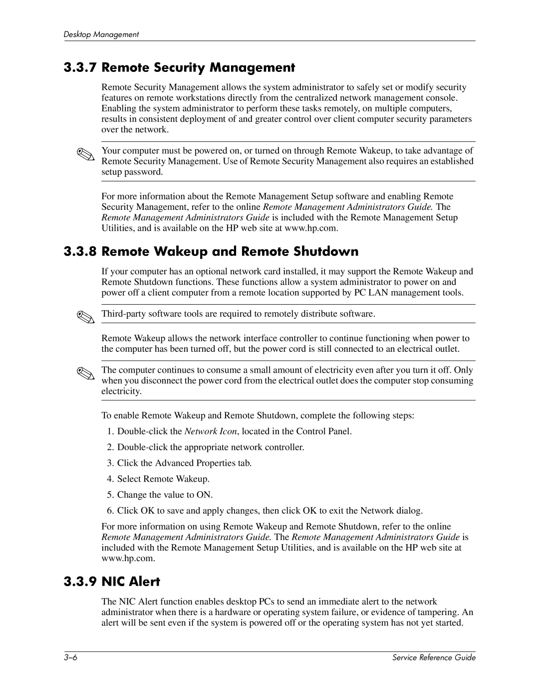 HP xw6000 manual Remote Security Management, Remote Wakeup and Remote Shutdown, NIC Alert 