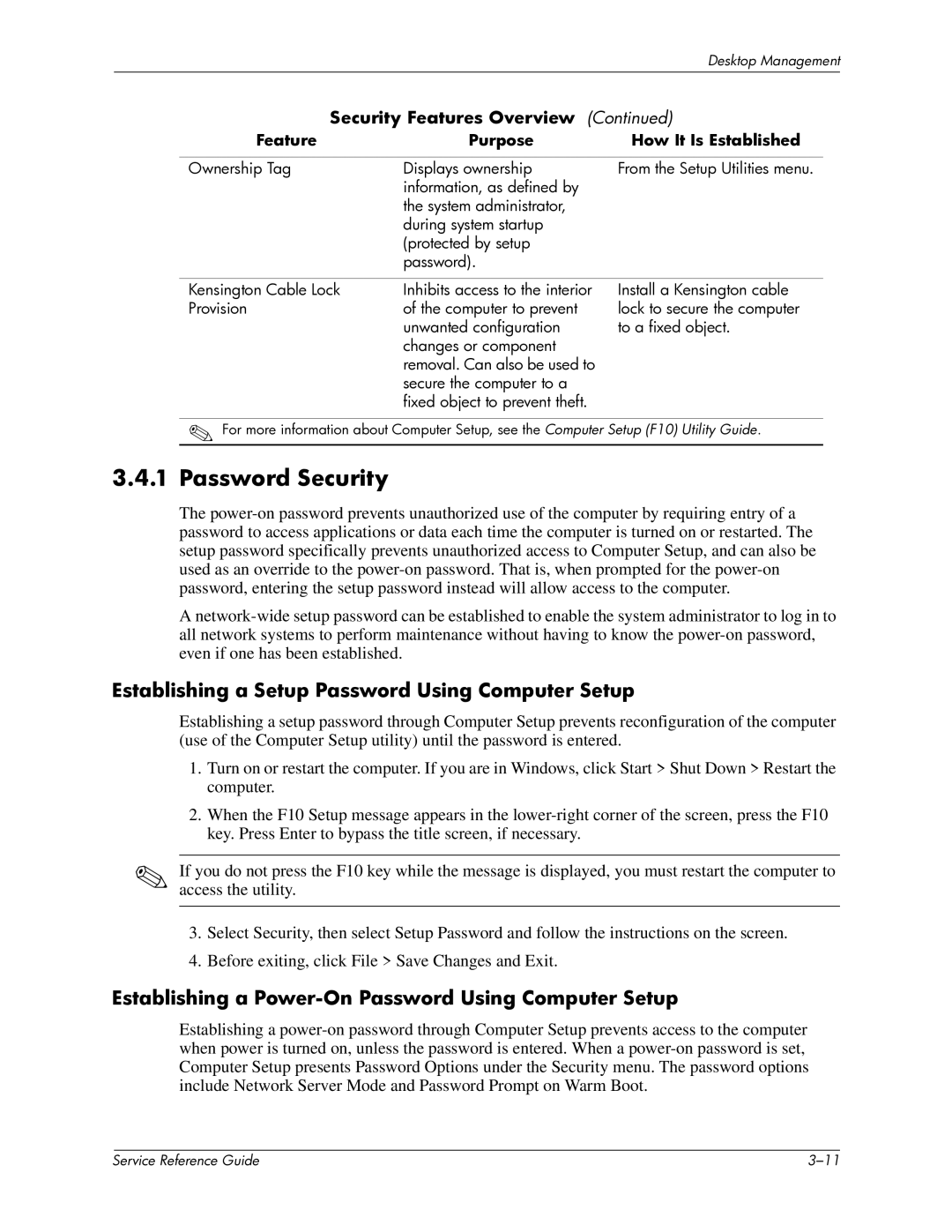 HP xw6000 manual Password Security, Establishing a Setup Password Using Computer Setup 