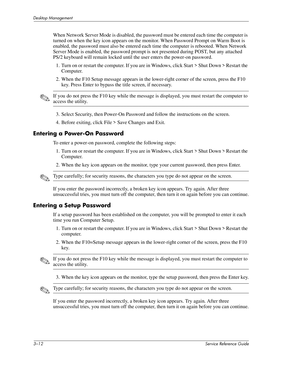 HP xw6000 manual Entering a Power-On Password, Entering a Setup Password 