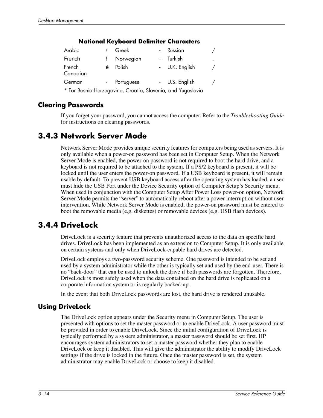 HP xw6000 manual Network Server Mode, Clearing Passwords, Using DriveLock 