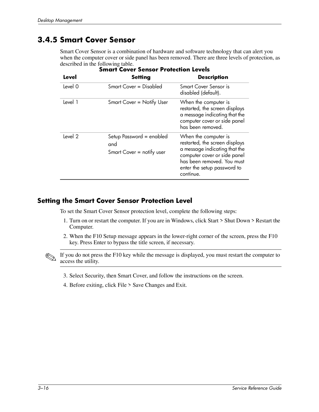 HP xw6000 manual Setting the Smart Cover Sensor Protection Level, Smart Cover Sensor Protection Levels 