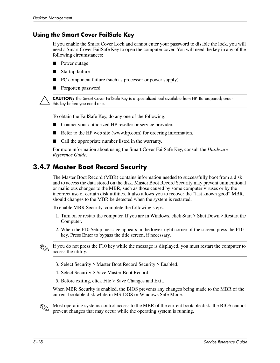 HP xw6000 manual Master Boot Record Security, Using the Smart Cover FailSafe Key 