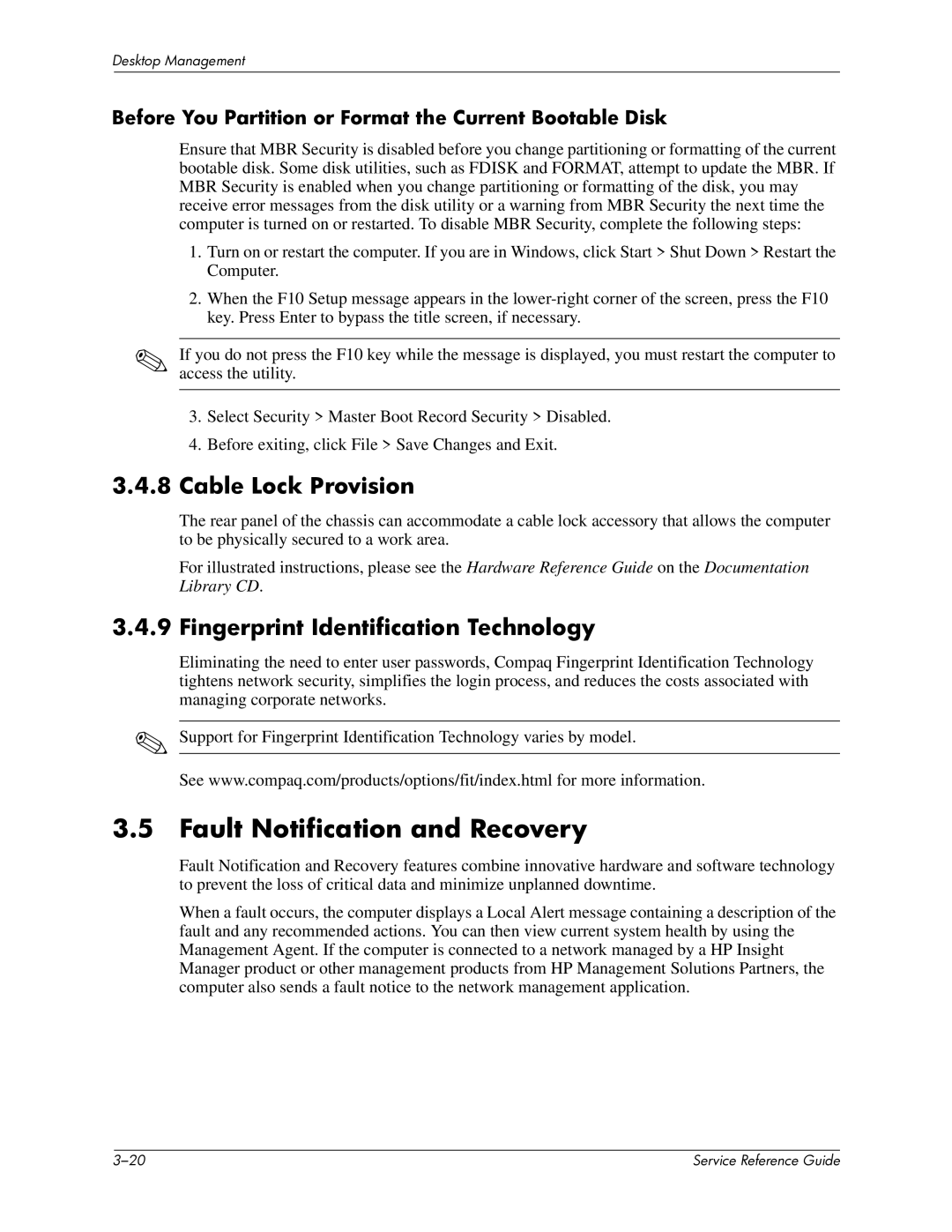 HP xw6000 manual Fault Notification and Recovery, Cable Lock Provision, Fingerprint Identification Technology 