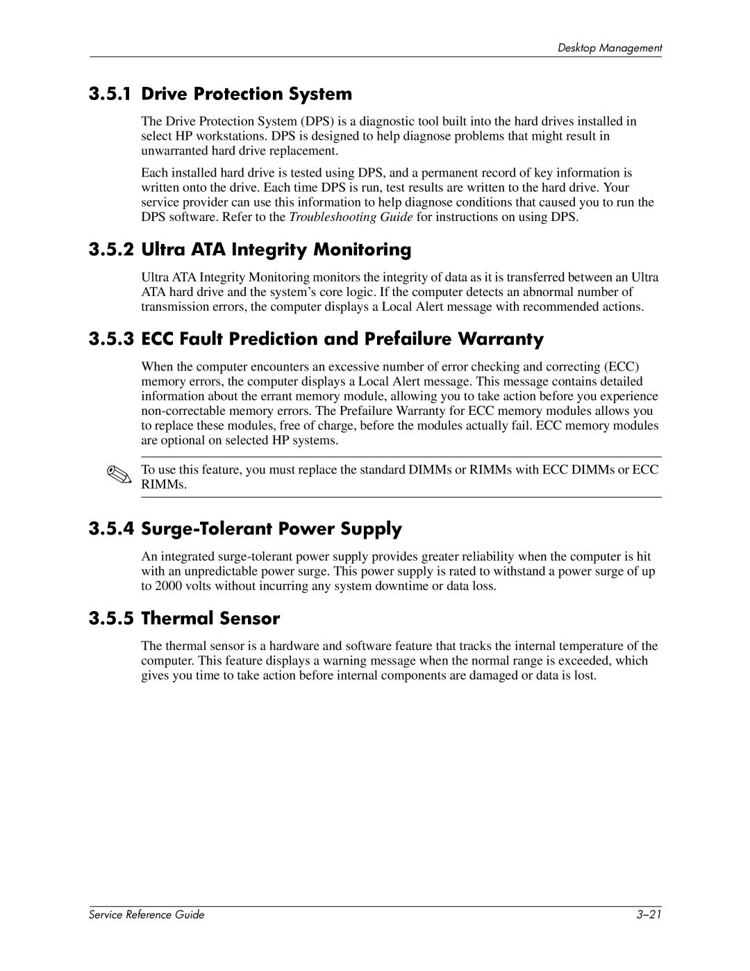 HP xw6000 manual Drive Protection System, Ultra ATA Integrity Monitoring, ECC Fault Prediction and Prefailure Warranty 