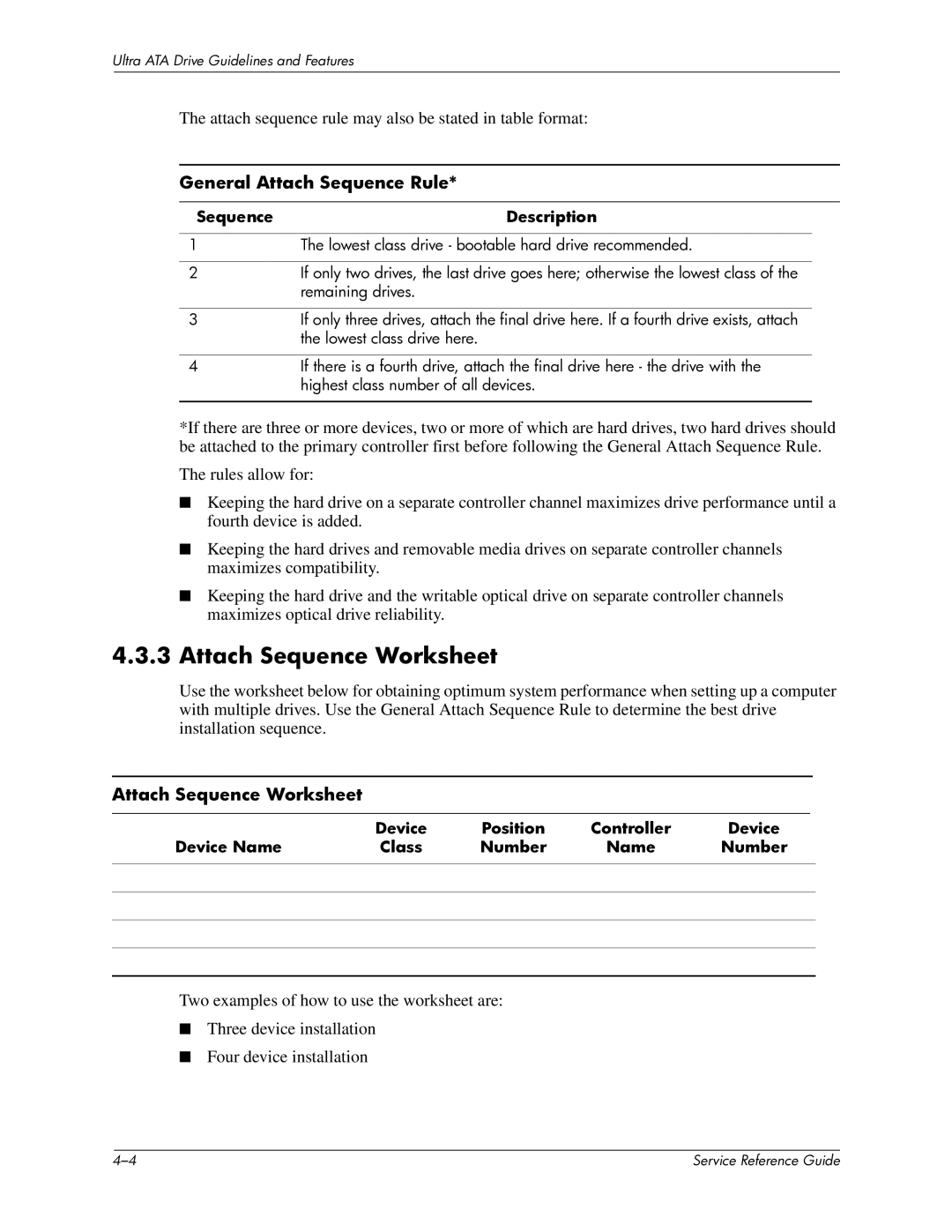 HP xw6000 manual Attach Sequence Worksheet, General Attach Sequence Rule, Sequence Description 