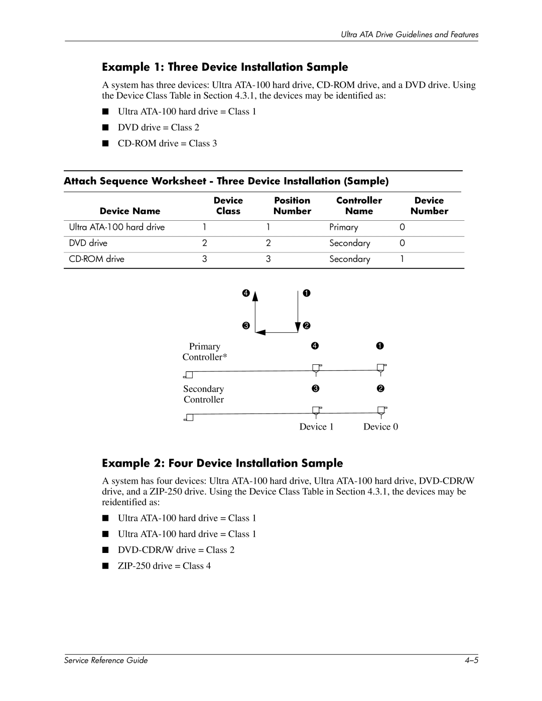 HP xw6000 manual Example 1 Three Device Installation Sample, Example 2 Four Device Installation Sample 