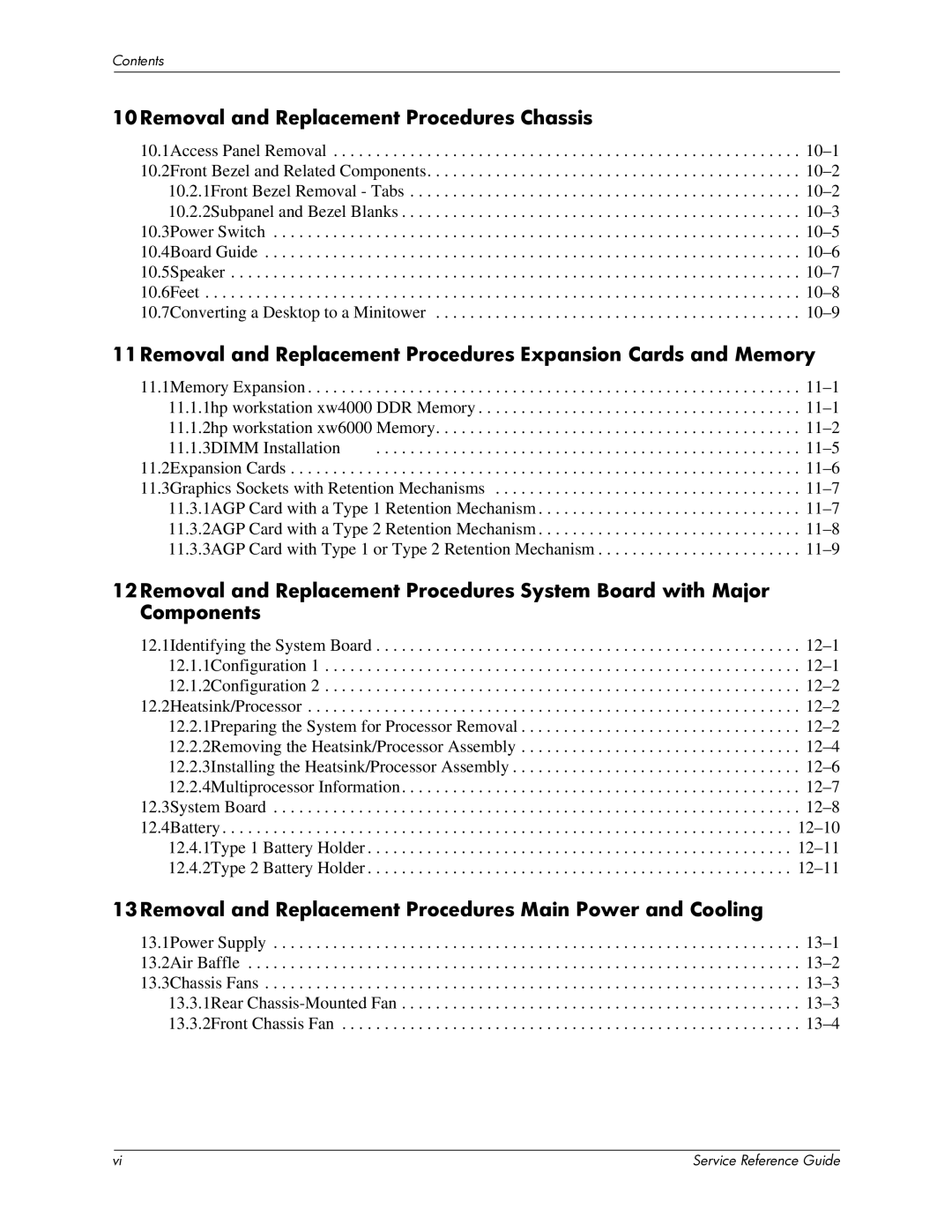HP xw6000 manual 10Removal and Replacement Procedures Chassis, 13Removal and Replacement Procedures Main Power and Cooling 