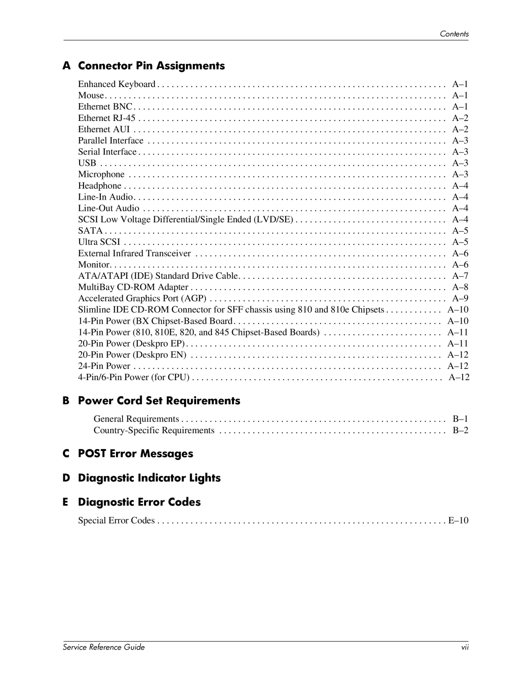 HP xw6000 manual Connector Pin Assignments, Power Cord Set Requirements 