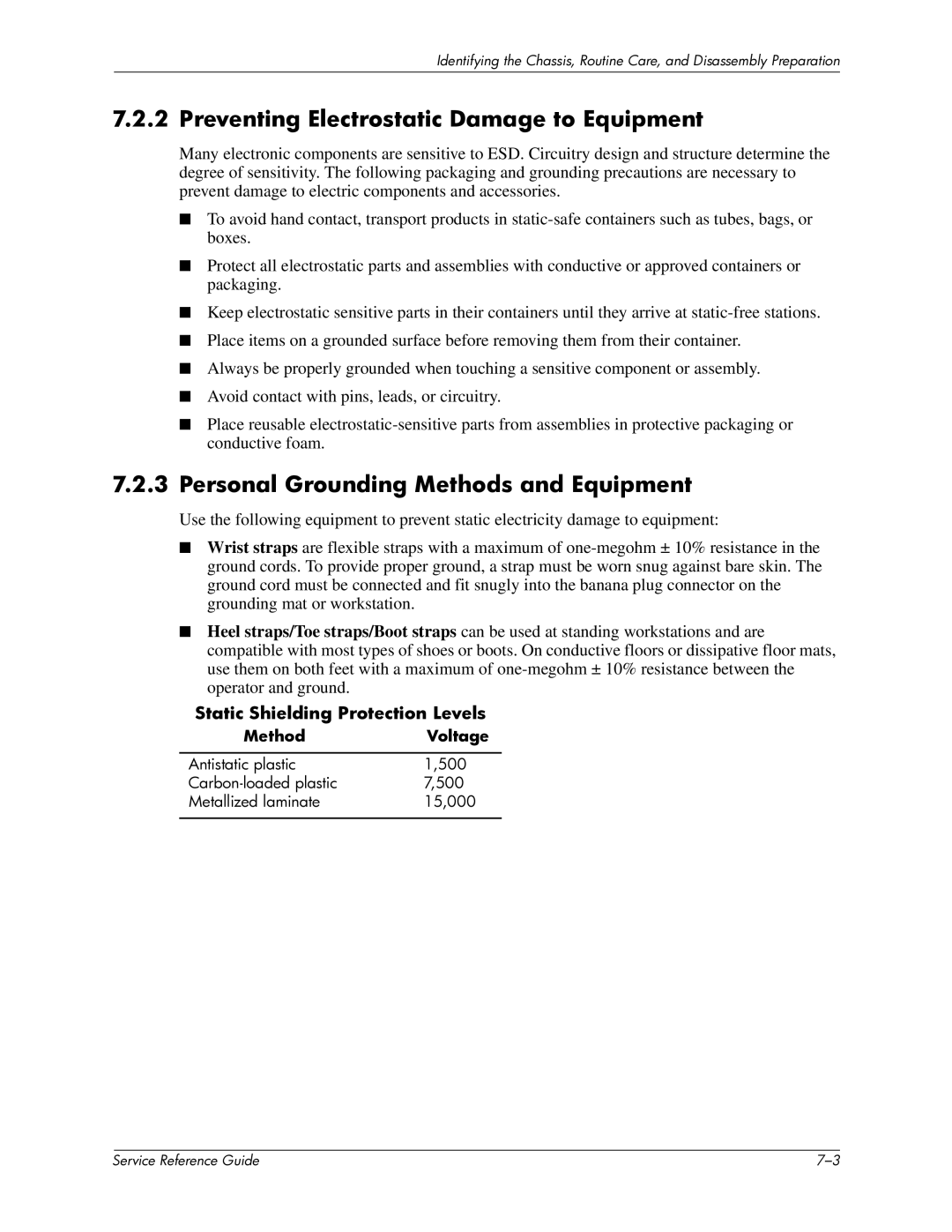 HP xw6000 manual Preventing Electrostatic Damage to Equipment, Personal Grounding Methods and Equipment, MethodVoltage 