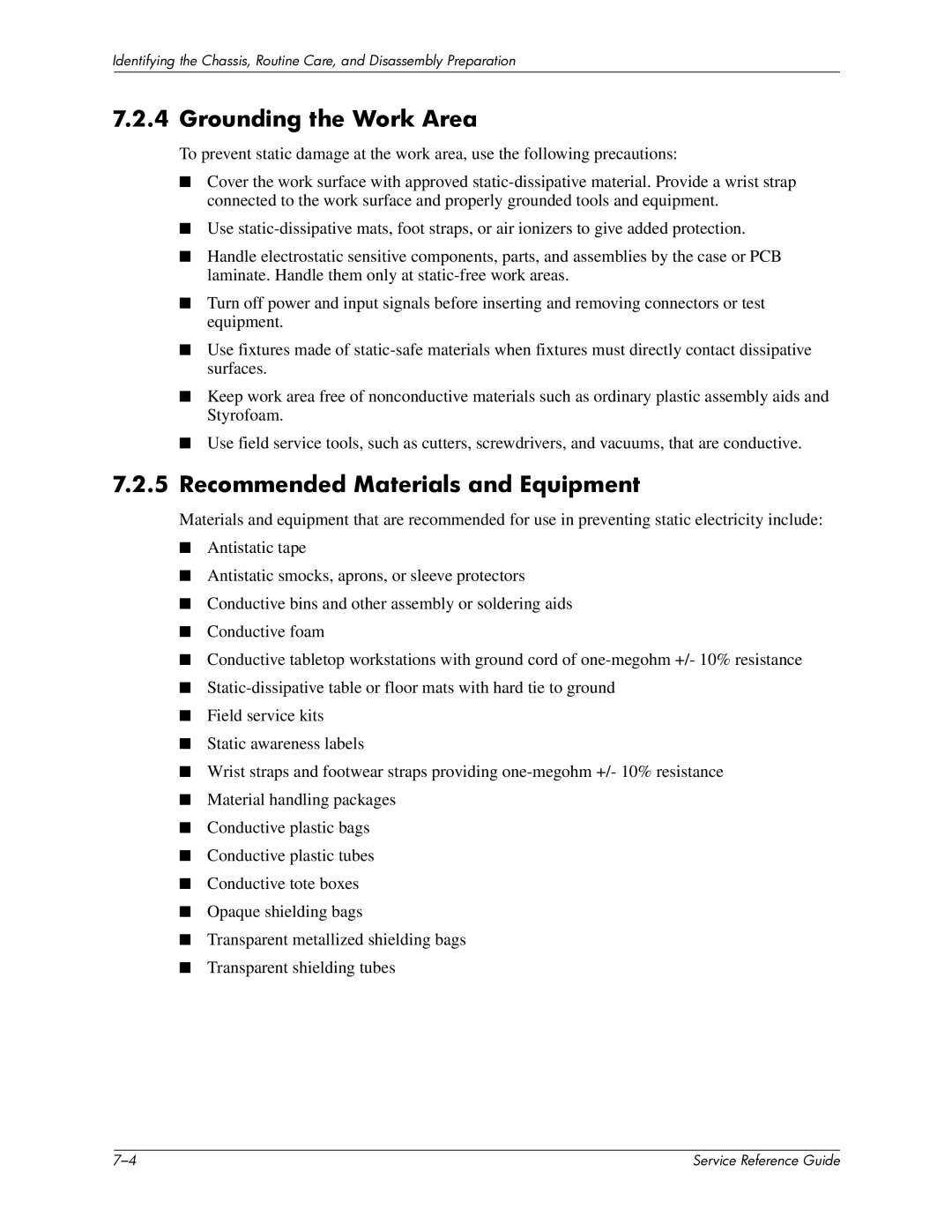 HP xw6000 manual Grounding the Work Area, Recommended Materials and Equipment 