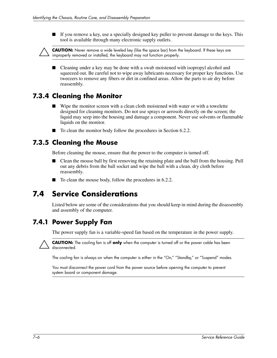 HP xw6000 manual Service Considerations, Cleaning the Monitor, Cleaning the Mouse, Power Supply Fan 