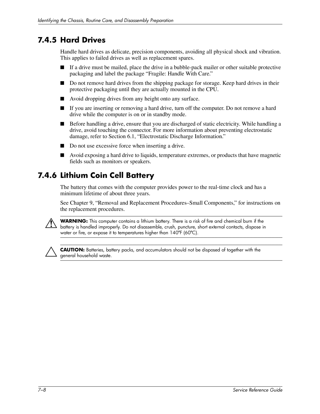 HP xw6000 manual Hard Drives, Lithium Coin Cell Battery 