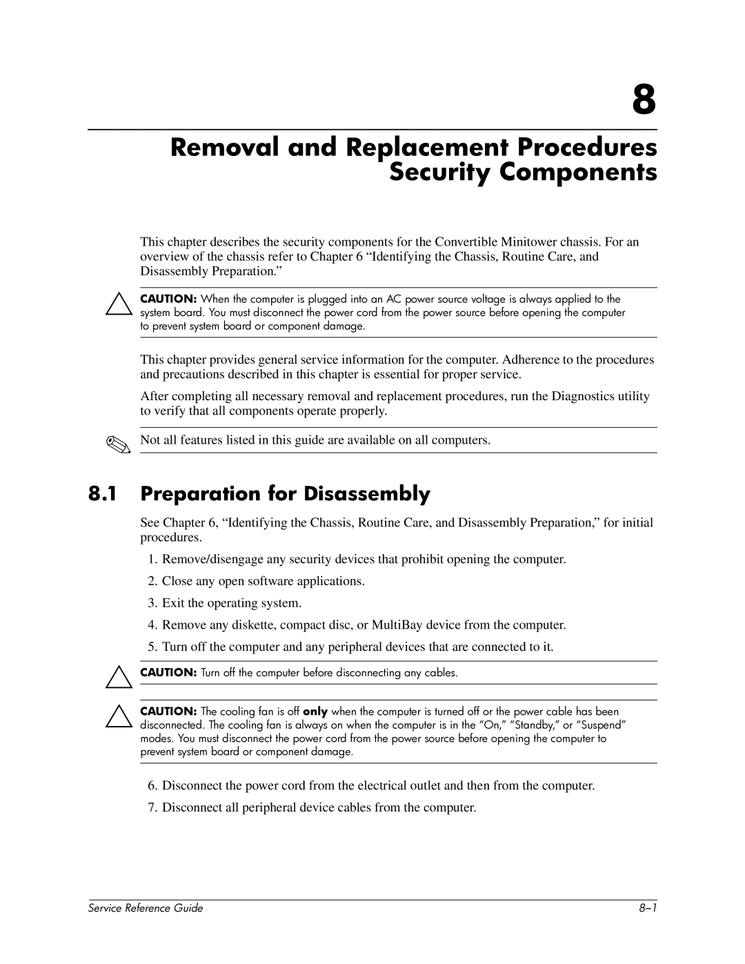 HP xw6000 manual Removal and Replacement Procedures Security Components, Preparation for Disassembly 