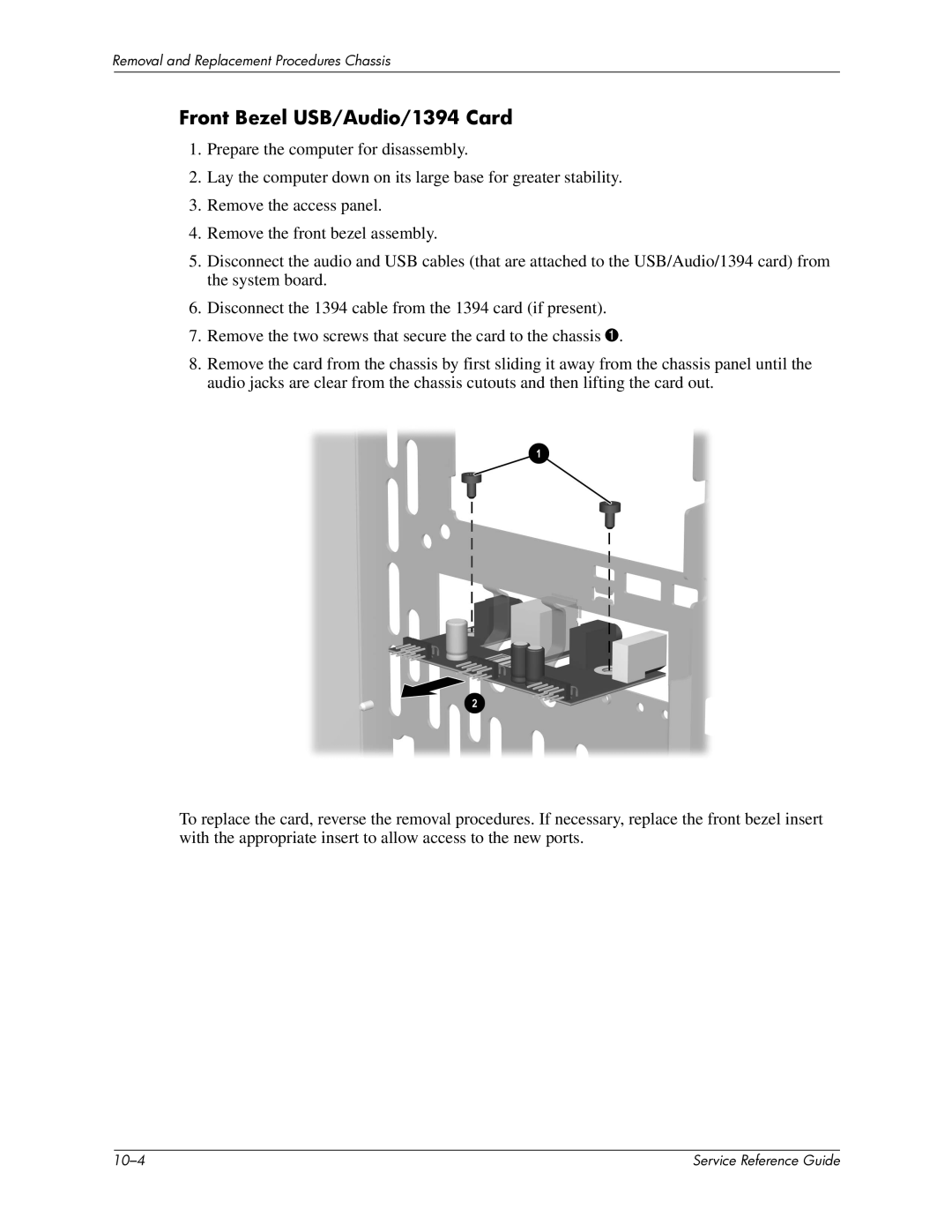 HP xw6000 manual Front Bezel USB/Audio/1394 Card 