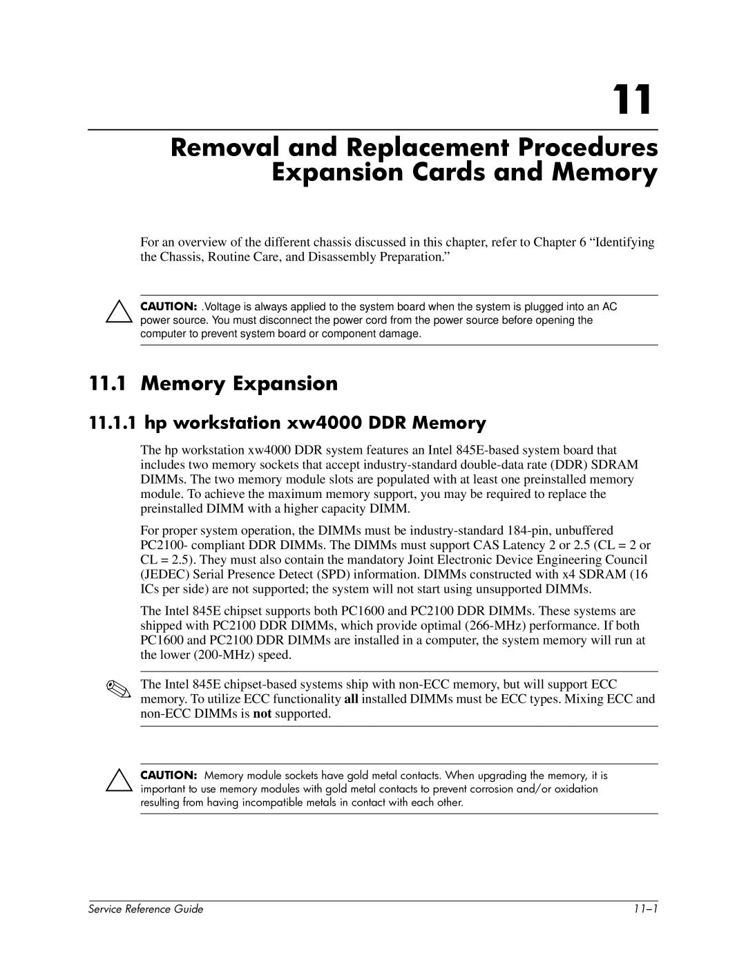 HP xw6000 manual Memory Expansion, Hp workstation xw4000 DDR Memory 