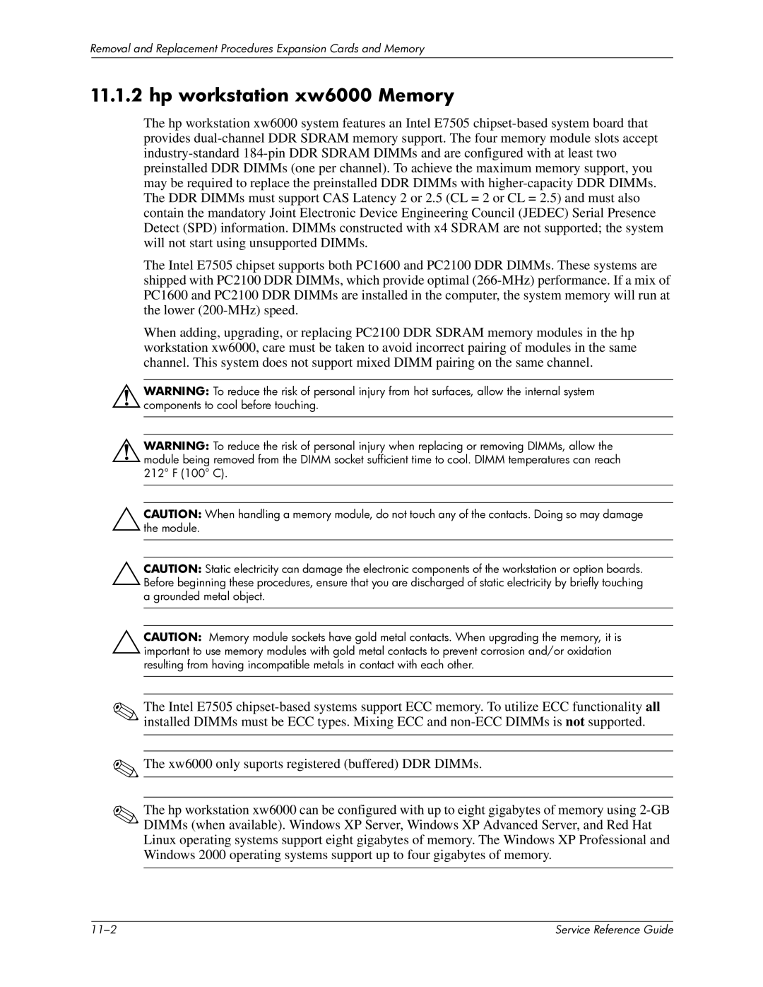 HP manual Hp workstation xw6000 Memory 