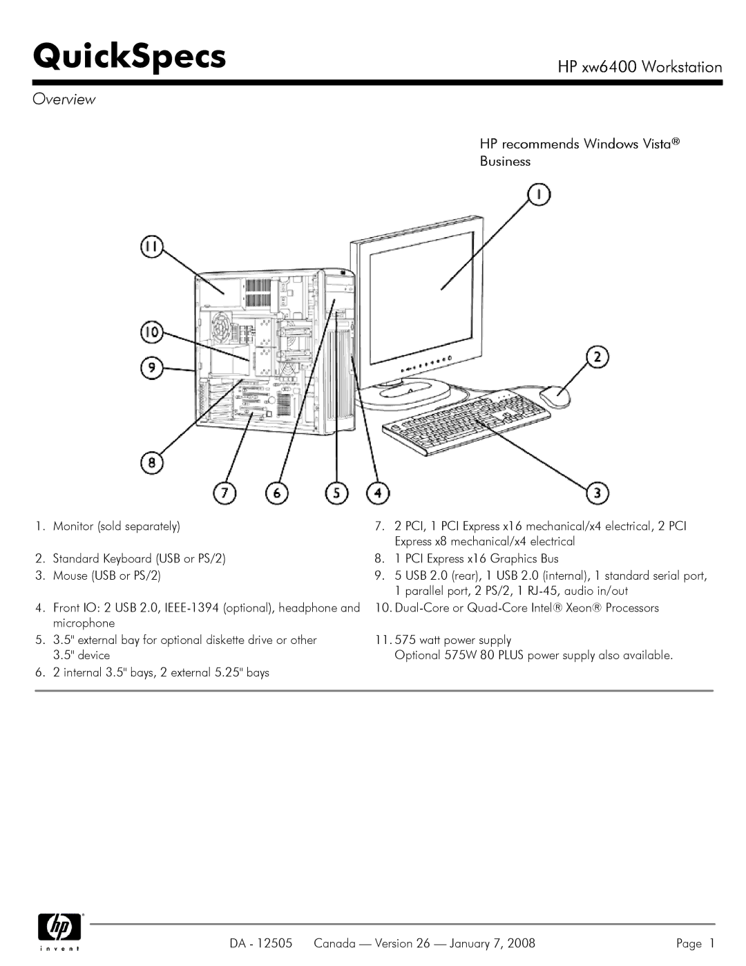 HP XW6400X manual Overview, Monitor sold separately, Express x8 mechanical/x4 electrical 