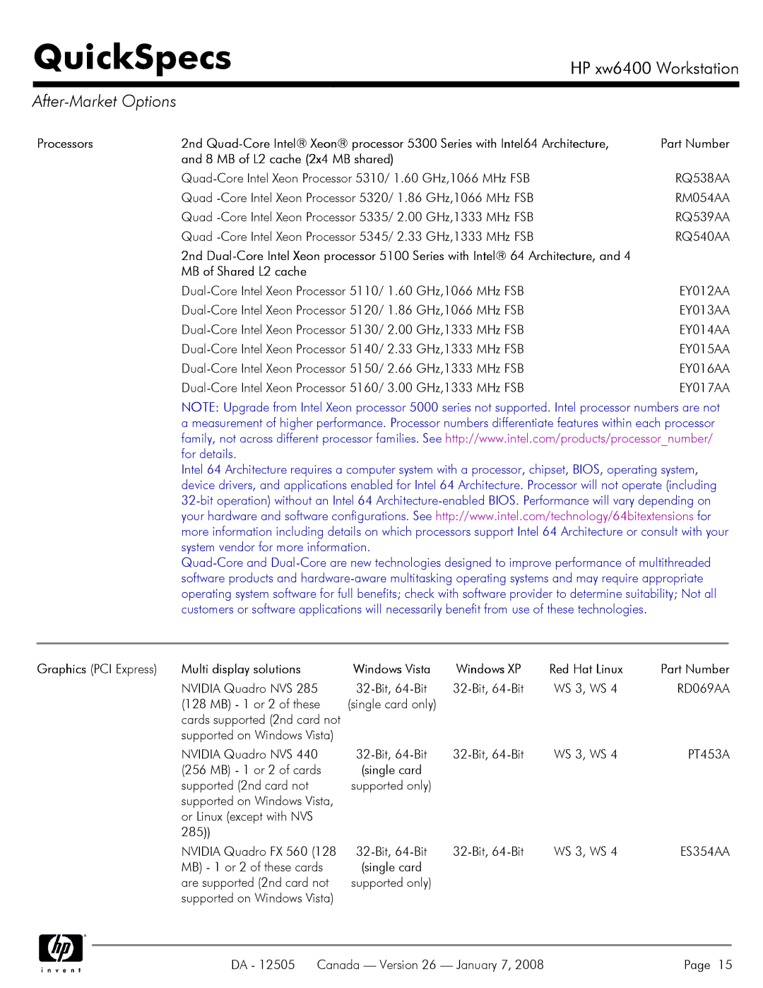 HP XW6400X manual After-Market Options, MB of L2 cache 2x4 MB shared, MB of Shared L2 cache, Multi display solutions 